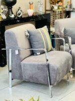 Sillon individual de pana color gris, con patas metálicas acero inoxidable - Imagen 2